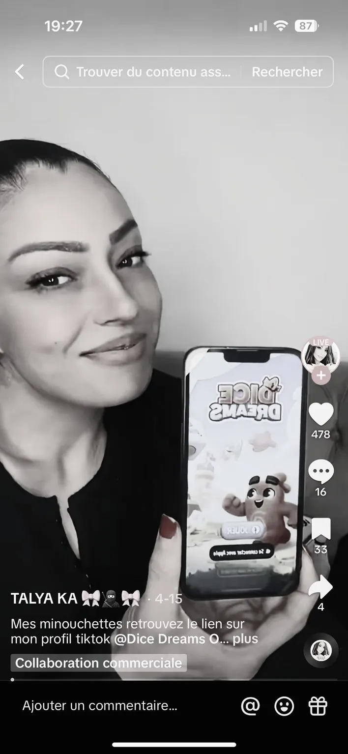 TikTok video of a creator presenting Dice Dreams